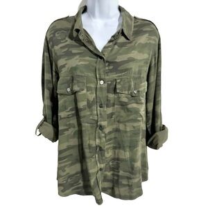 Sanctuary Green Camo Print Button Front Roll Long Sleeve Boyfriend Shirt Size S